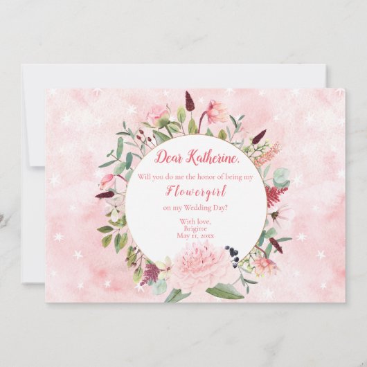 Roze Waterverf zal je mijn Bloemenmeisje zijn Kaart (Achterkant)