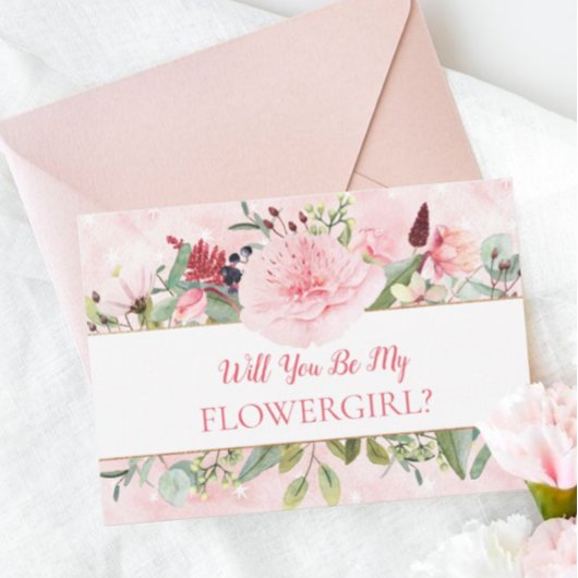 Roze Waterverf zal je mijn Bloemenmeisje zijn Kaart