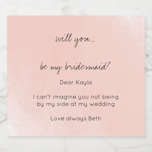 Roze Waterverf zal je mijn bruidsmeisje Gin Likeurfles Etiket (Enkel label)