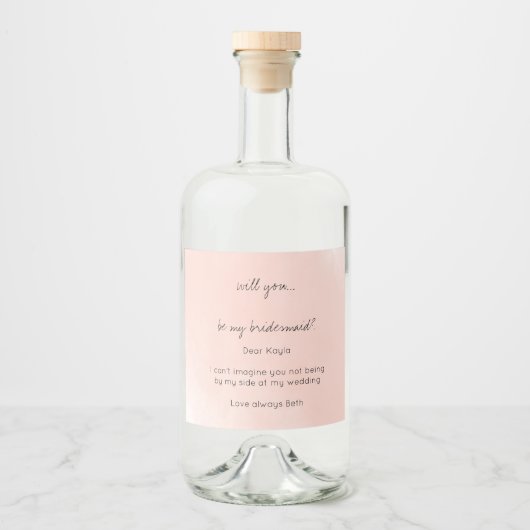 Roze Waterverf zal je mijn bruidsmeisje Gin Likeurfles Etiket (Voorkant)