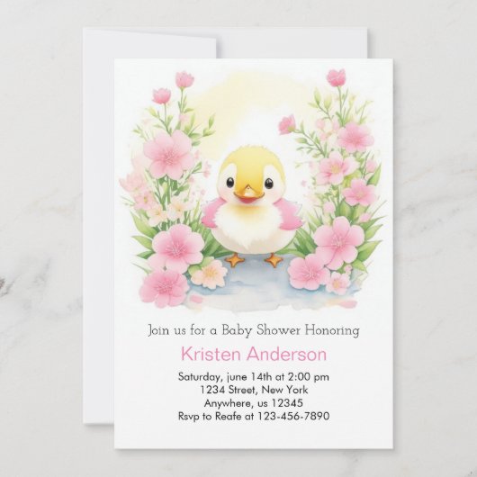 Roze Waterverf Zalig Duck Meisje Baby shower Kaart (Voorkant)