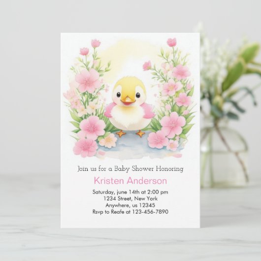 Roze Waterverf Zalig Duck Meisje Baby shower Kaart (Staand voorkant)