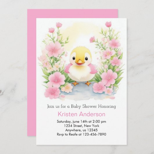 Roze Waterverf Zalig Duck Meisje Baby shower Kaart (Voorkant / Achterkant)