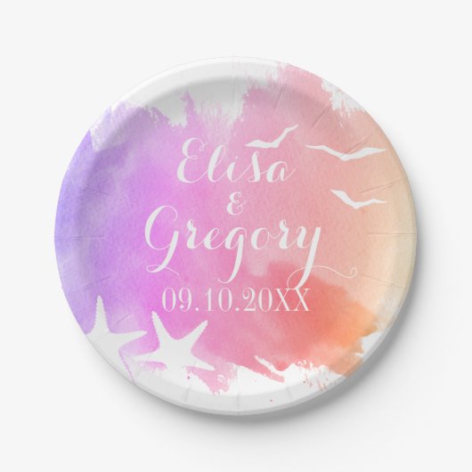 Roze waterverf, zeesterstrand bruiloft papieren bordje (Voorkant)