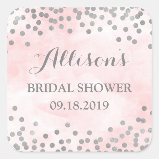 Roze Waterverf Zilver Confetti Vrijgezellenfeest Vierkante Sticker (Voorkant)