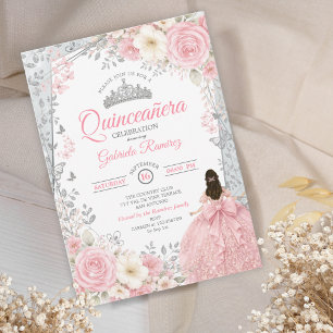 Roze Waterverf Zilver Quinceañera Kaart
