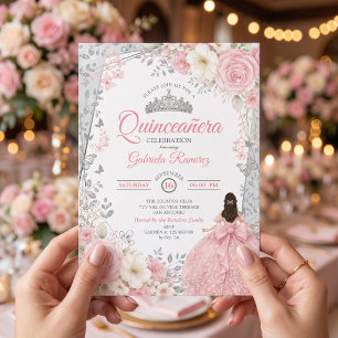 Roze Waterverf Zilver Quinceañera Kaart