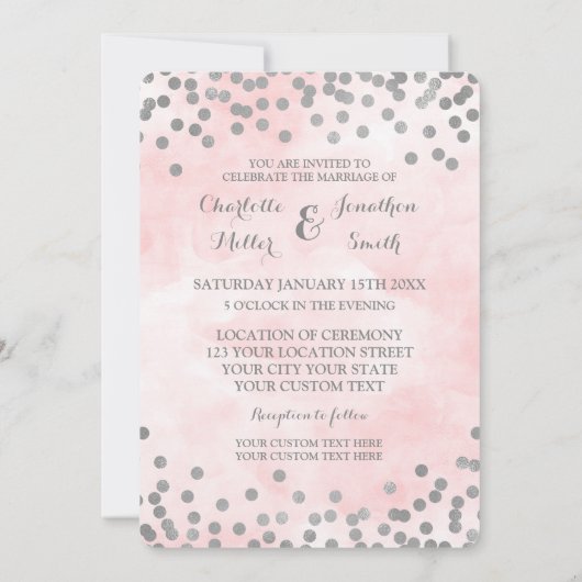 Roze Waterverf Zilveren Confetti Wedding Invites Kaart (Achterkant)
