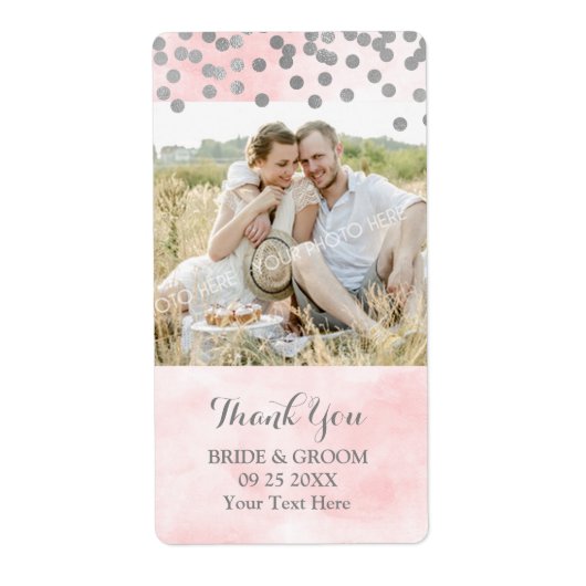 Roze Waterverf Zilveren Stippen Foto Bruiloft Labe Etiket (Voorkant)