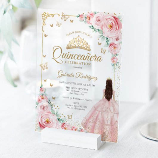 Roze Waterverfrozen Goud Quinceanera Acryl Uitnodigingen