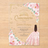 Roze Waterverfrozen Goud Quinceanera Acryl Uitnodigingen (Voorkant)