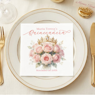 Roze Waterverfrozen Gouden Tiara Quinceañera Servet