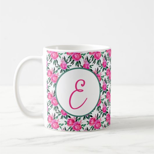 Roze waterverfrozen patroon monogram koffiemok (Links)