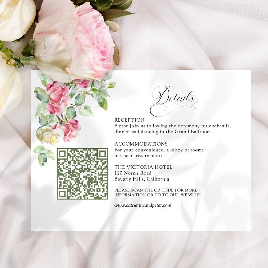 Roze Waterverfrozen QR Code Bruiloft Informatiekaartje