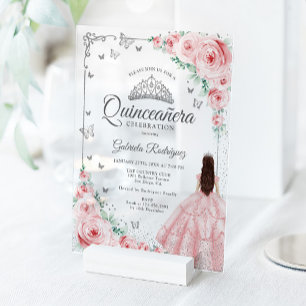 Roze Waterverfrozen Zilver Quinceanera Acryl Uitnodigingen