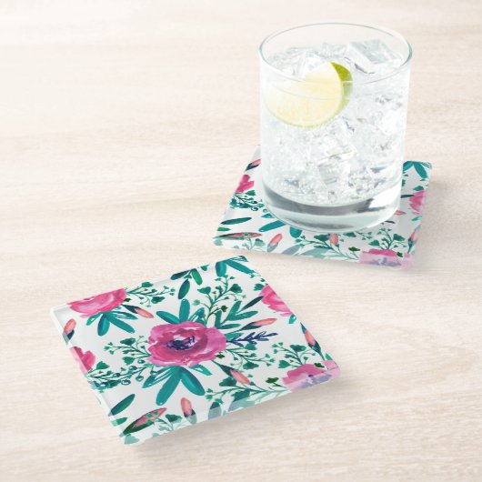 Roze Waterverven Rozen Glazen Onderzetter (Schuin)