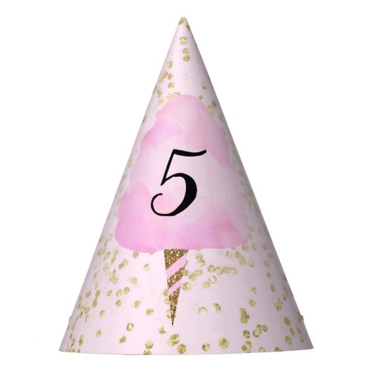 Roze Watten Candy & Gouden Confetti Verjaardagsfee Feesthoedjes (Voorkant)