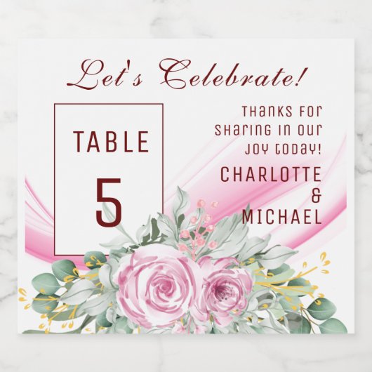 Roze Wave & Bloemen Tafelnummer Mousserende Wijn L Sparkling Wijnetiket (Enkel label)