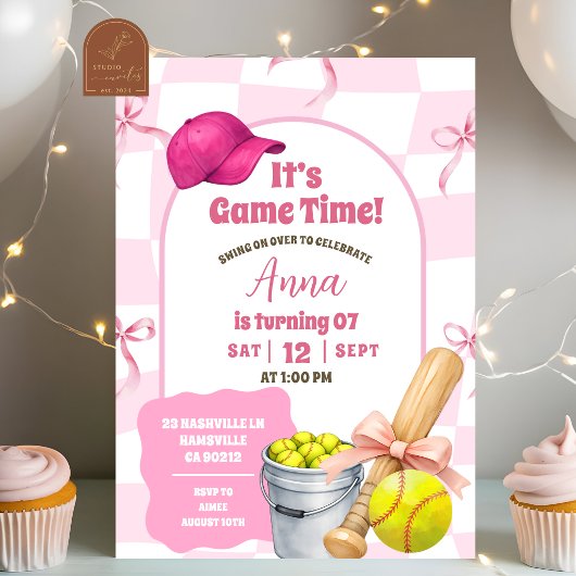 Roze Wavige Retro Strik Verjaardag Softbal Kaart