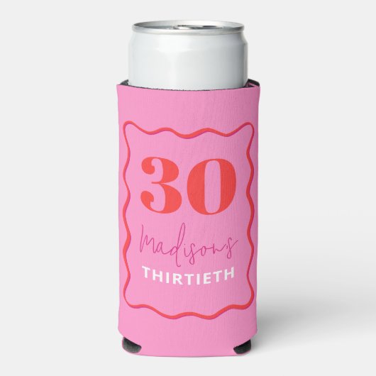 Roze Wavy 30e verjaardagsfeestje Seltzer Blikjeskoeler (Seltzer Voorkant)