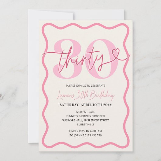 Roze Wavy Border 30e verjaardag Uitnodiging Vrouwe (Voorkant)