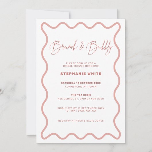 Roze Wavy Border Brunch and Bubble Invitation Kaart (Voorkant)