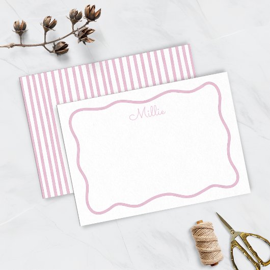 Roze Wavy Border Gepersonaliseerde Note Kaart Notitiekaartje