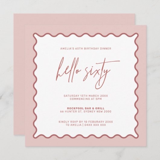 Roze Wavy Border Hallo Uitnodiging voor 60 dagen (Voorkant / Achterkant)