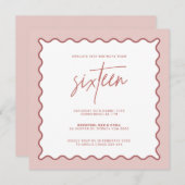 Roze Wavy Border Zestiende verjaardag Uitnodiging (Voorkant / Achterkant)