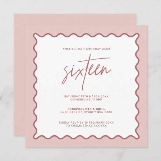 Roze Wavy Border Zestiende verjaardag Uitnodiging (Voorkant / Achterkant)