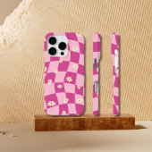 Roze Wavy Checkerboard Daisy iPhone 15 16 hoesjes