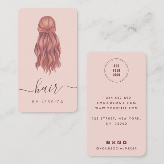 Roze Wavy Hair Haarstylist Voeg Logo en sociale me Visitekaartje (Voorkant / Achterkant)
