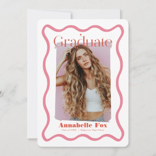 Roze Wavy Lijst Trendy foto Afstuderen Kaart (Voorkant)