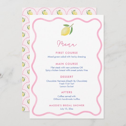 Roze Wavy Line Lemon Baby shower Place Card Menu (Voorkant / Achterkant)