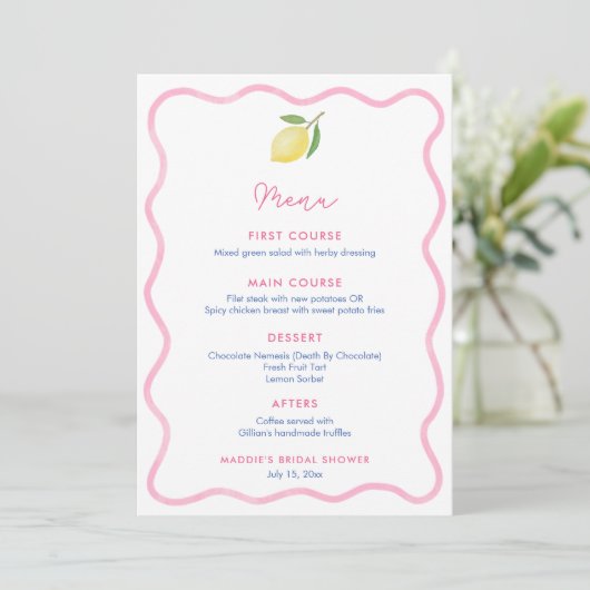 Roze Wavy Line Lemon Baby shower Place Card Menu (Staand voorkant)