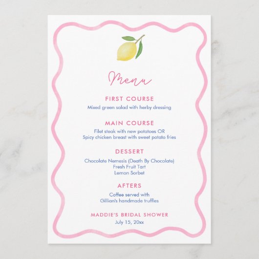 Roze Wavy Line Lemon Baby shower Place Card Menu (Voorkant)