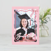 Roze Wavy Retro Afstuderen met foto uitnodiging (Staand voorkant)