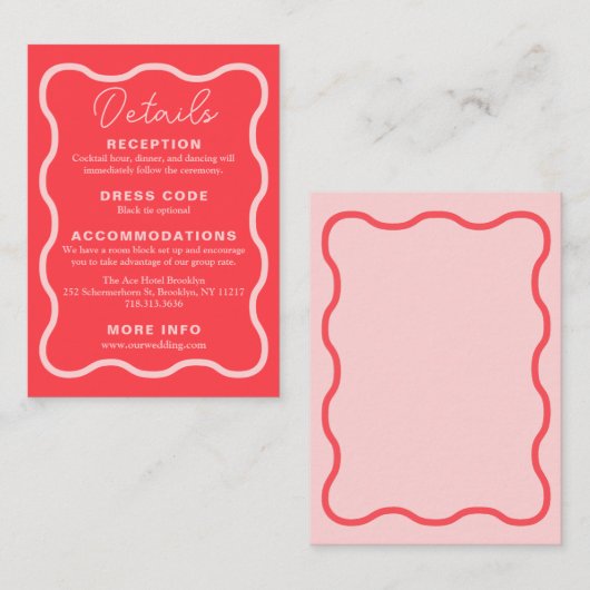 Roze Wavy Retro bruiloft Informatiekaartje (Voorkant / Achterkant)