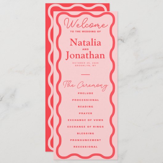 Roze Wavy Retro bruiloft Programmakaart (Voorkant / Achterkant)