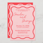 Roze Wavy Retro bruiloft uitnodiging (Voorkant / Achterkant)