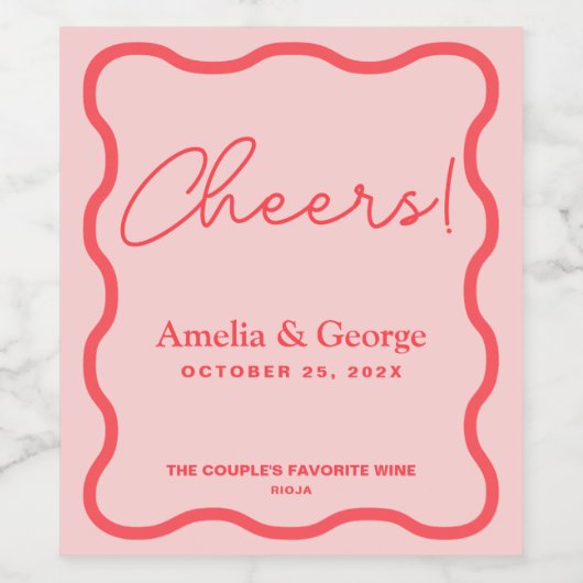 Roze Wavy Retro bruiloft Wijn Etiket (Enkel label)