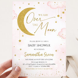 Roze We zijn over de maan Baby Shower Uitnodiging
