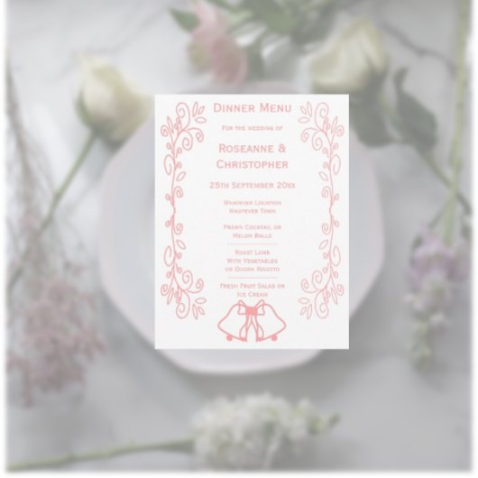 Roze Wedding Menu Kaart Bells Scrollwork