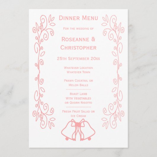 Roze Wedding Menu Kaart Bells Scrollwork (Voorkant)