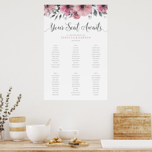 Roze weduwenkaart met 6 tabellen poster (Keuken)