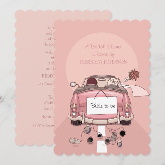 Roze wegauto - Bridal Shower - uitnodiging (Voorkant / Achterkant)