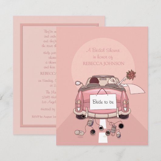 Roze wegauto - Bridal Shower - uitnodiging (Voorkant / Achterkant)