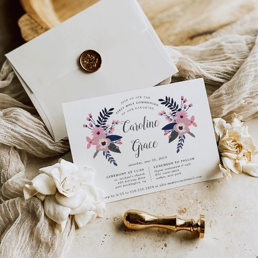 Roze weide | Bloemige Eerste Heilige Communie Kaart