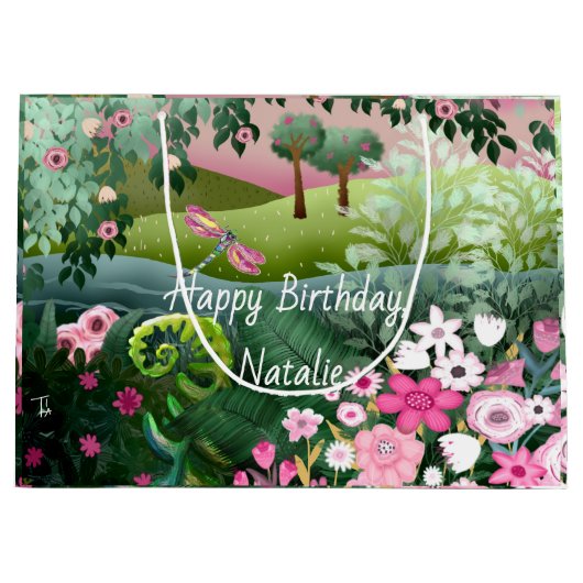 Roze weide met libel handgeschilderd groot cadeauzakje (Voorkant)