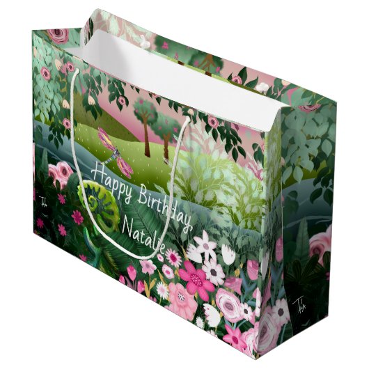 Roze weide met libel handgeschilderd groot cadeauzakje (Voorkant Gekanteld)